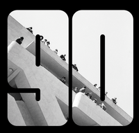 Numerals '90' inset with archive image of Isokon opening day, looking up at people on terrace